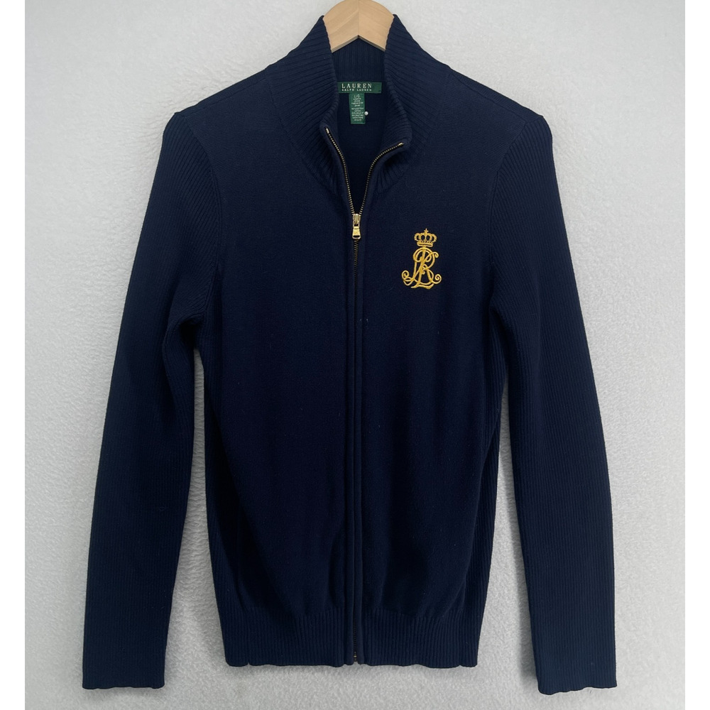 LAUREN RALPH LAUREN Sweater L LRL Monogram Crest Cardigan Full Zip Cotton Blue - Picture 2 of 11